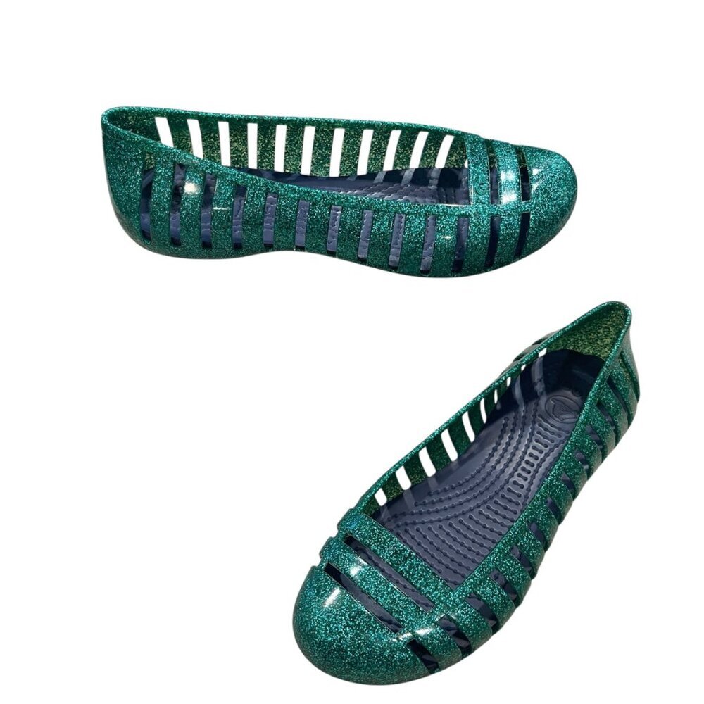 Crocs Adrina II Green Jelly Glitter Flat Slip On Comfort Shoes Girl's Size 2